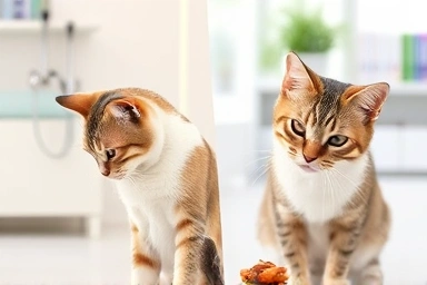 Cat grooming vs. cat with undigested food vomit.